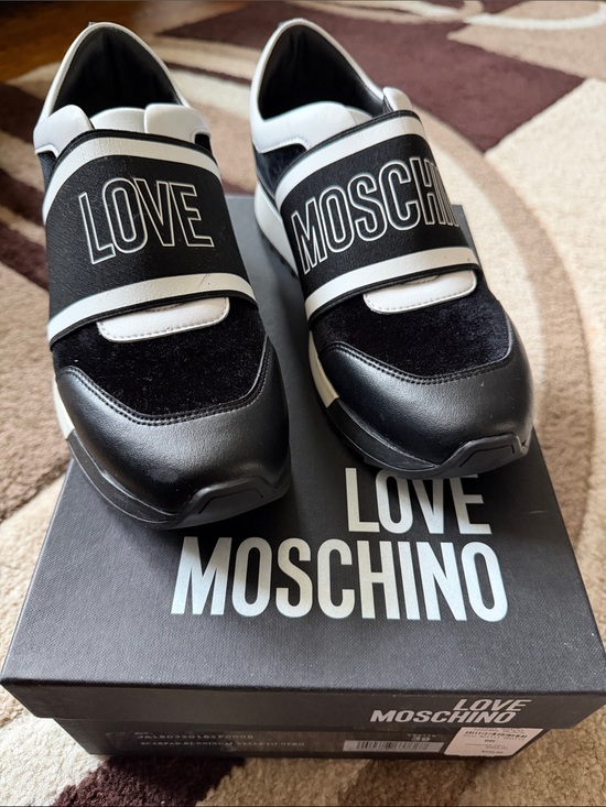 Love Moschino Shoes - Love Moschino Black & White Slip-On Logo Sneakers